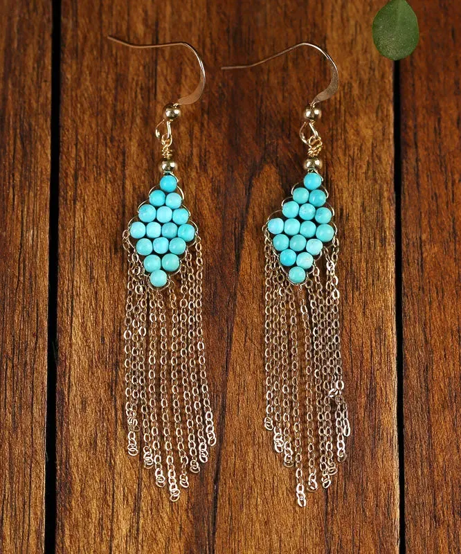 14K Gold Turquoise Tassel Drop Earrings