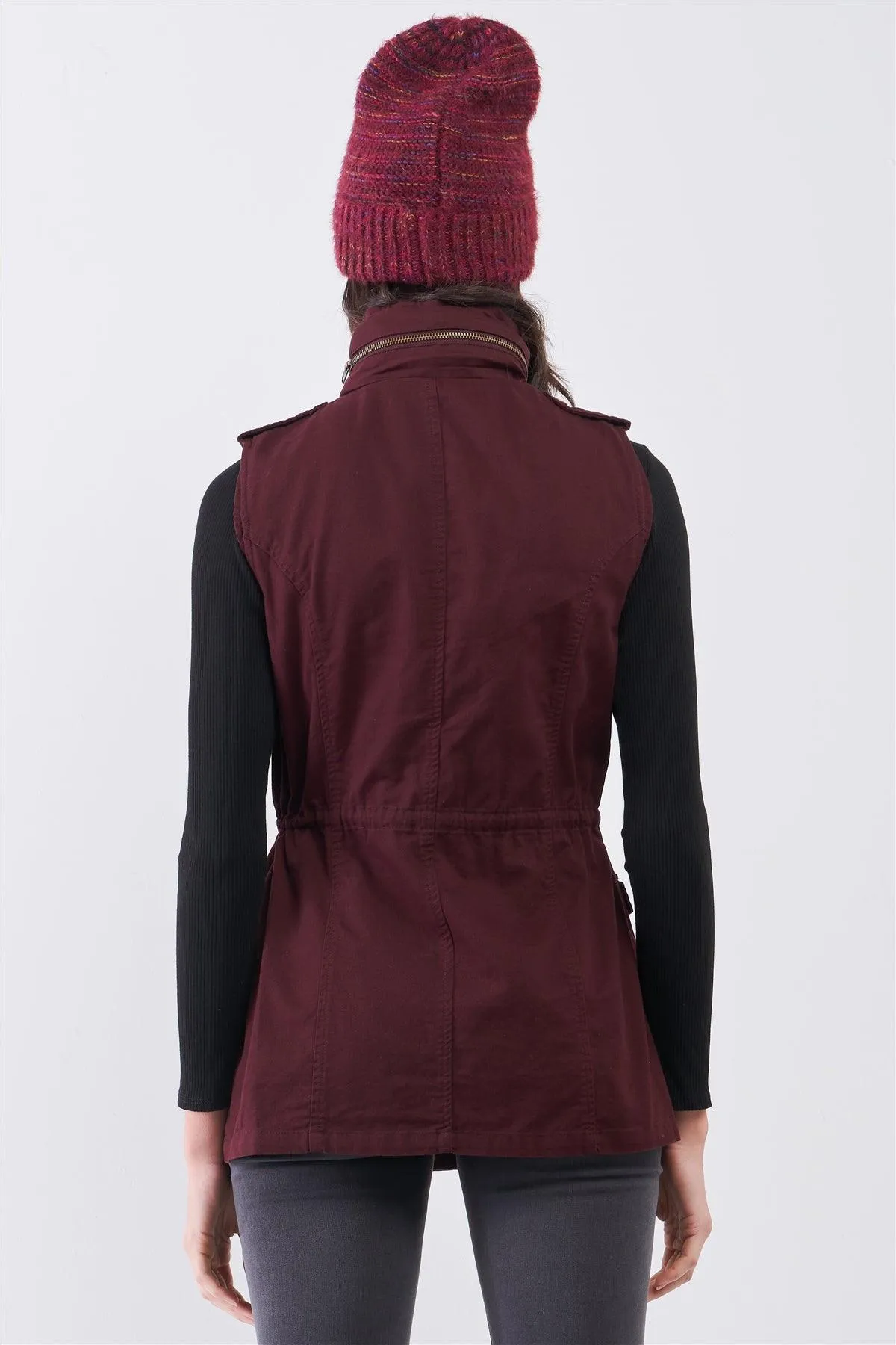 Burgundy Military Sleeveless Detachable Hoodie Vest Jacket