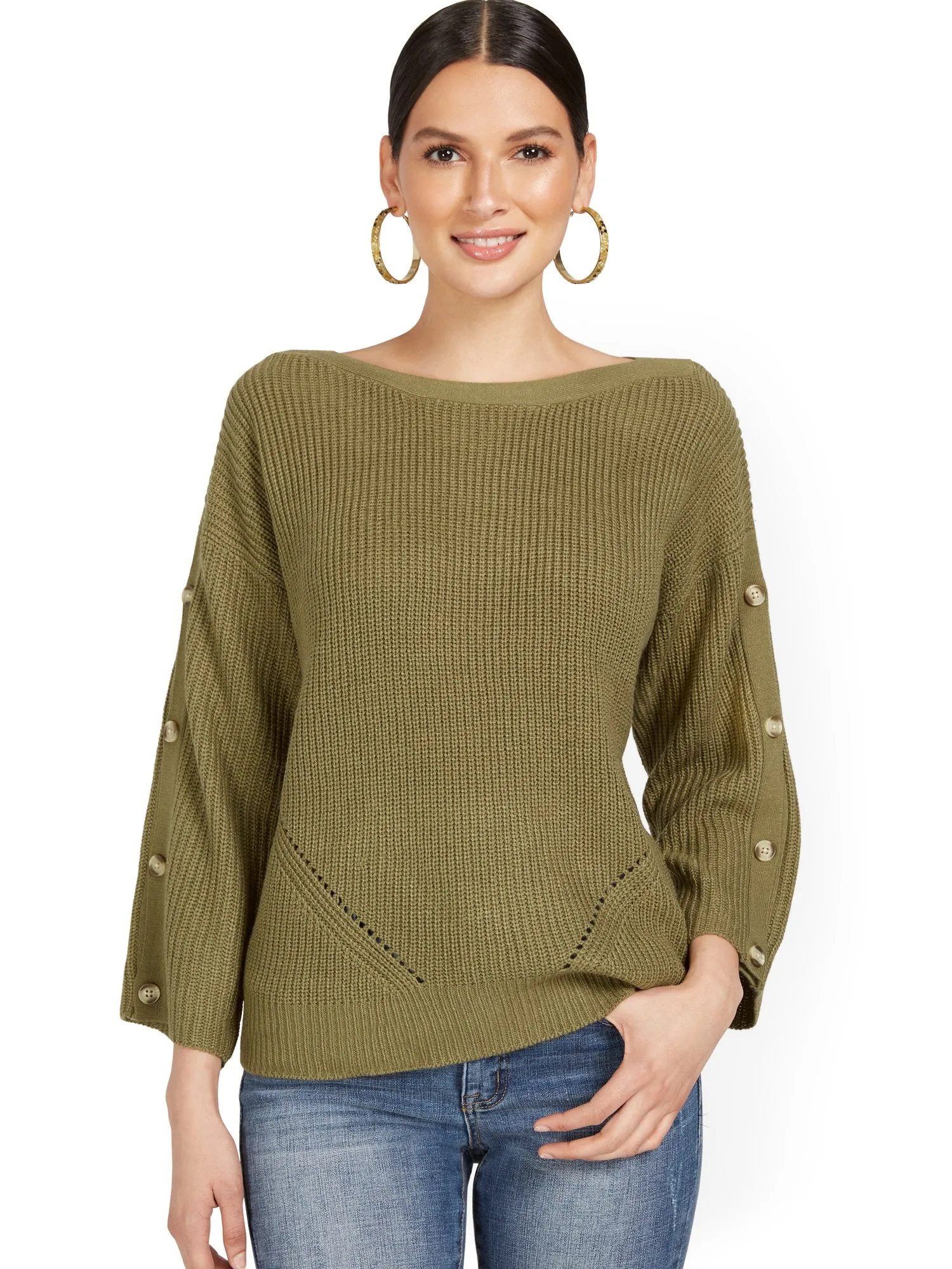 Button-Sleeve Rib Sweater