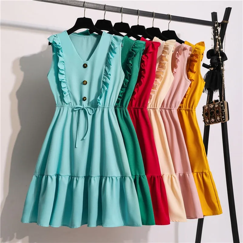 Casual Boho Beach Ruffled V-Neck Dresses (Multiple colors)