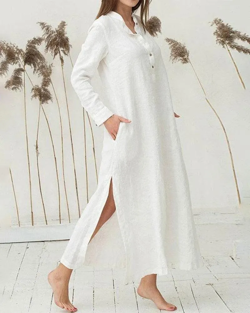 Casual Buttoned Shift Cotton Woman Maxi Dress