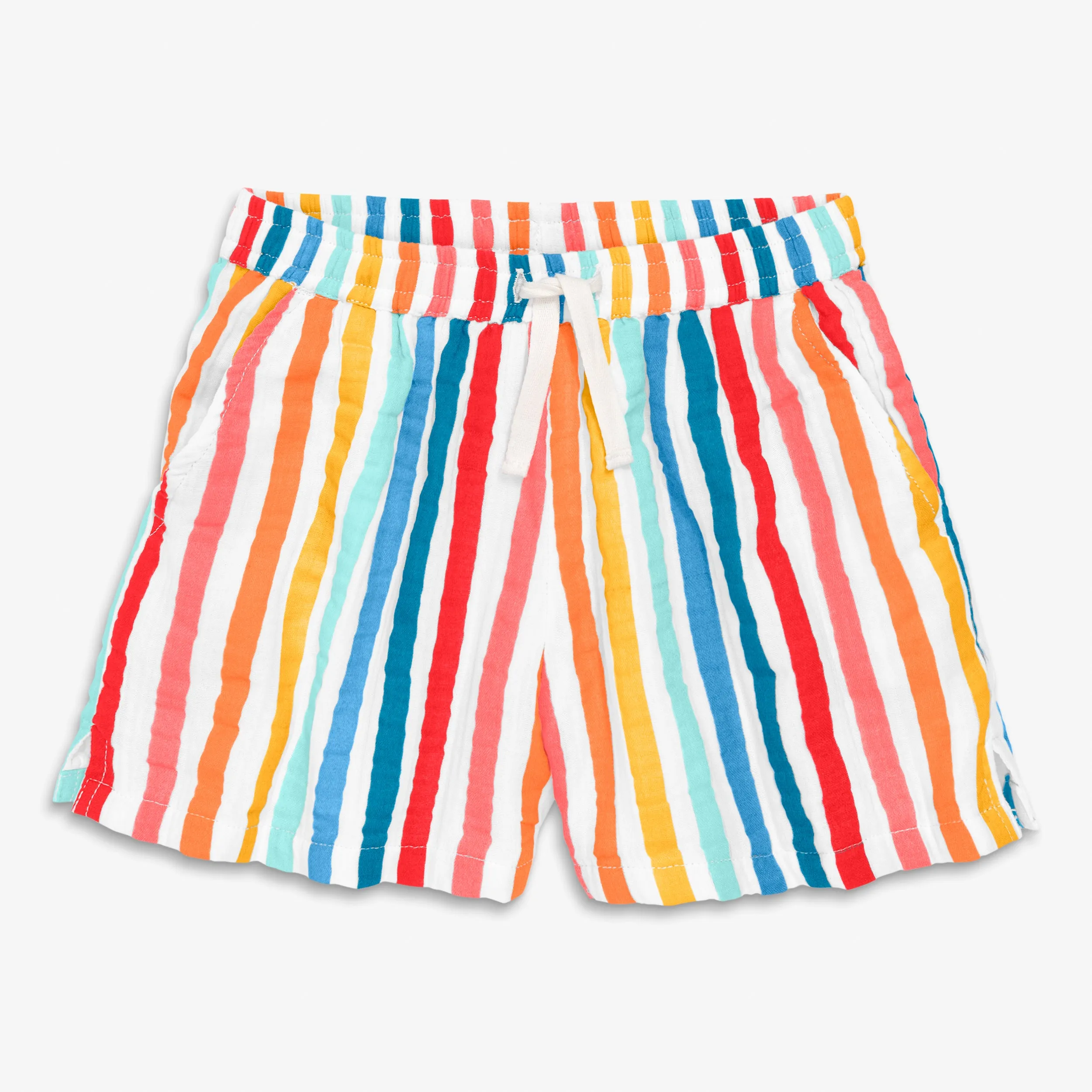 Clearance cotton gauze beach short in bright rainbow stripe