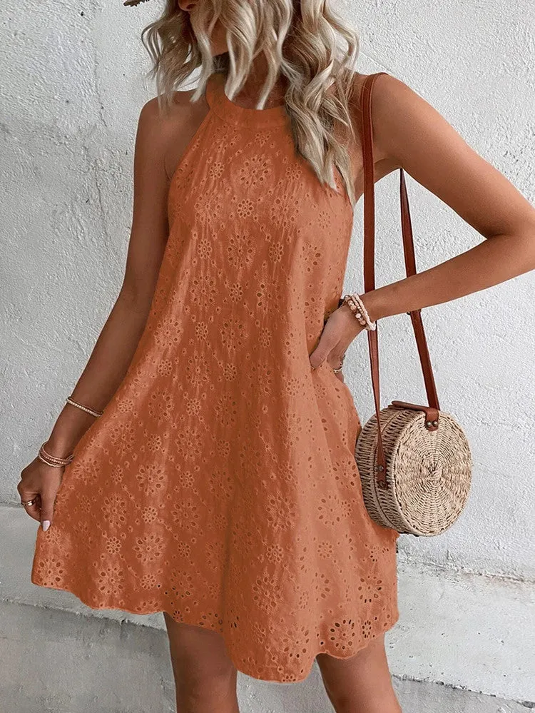 Cotton Embroideried Hollow Out Mini Dress