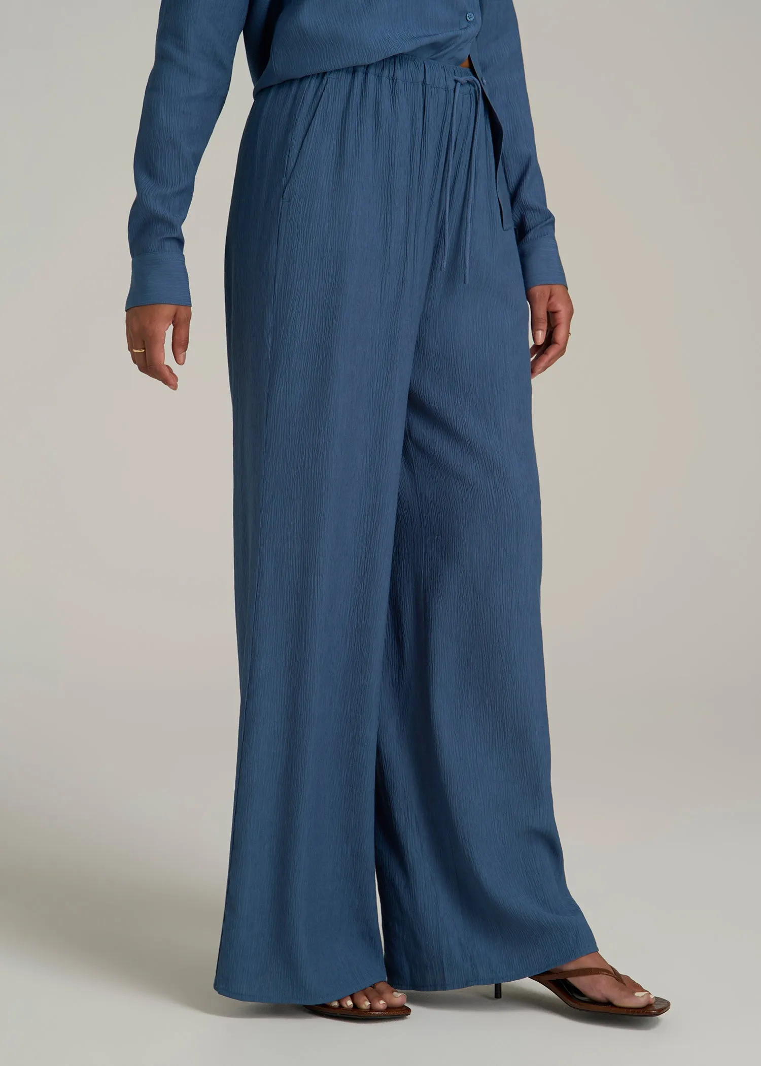 Crinkle Pull-on Wide-leg Pants for Tall Women in Flag Blue