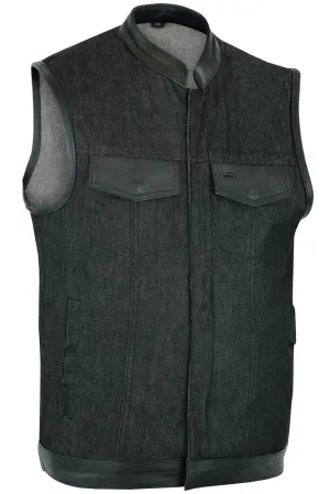 DM962 Men's Rough Rub-Off Raw Finish Denim Vest W/Leather Trim - Scoop Collar