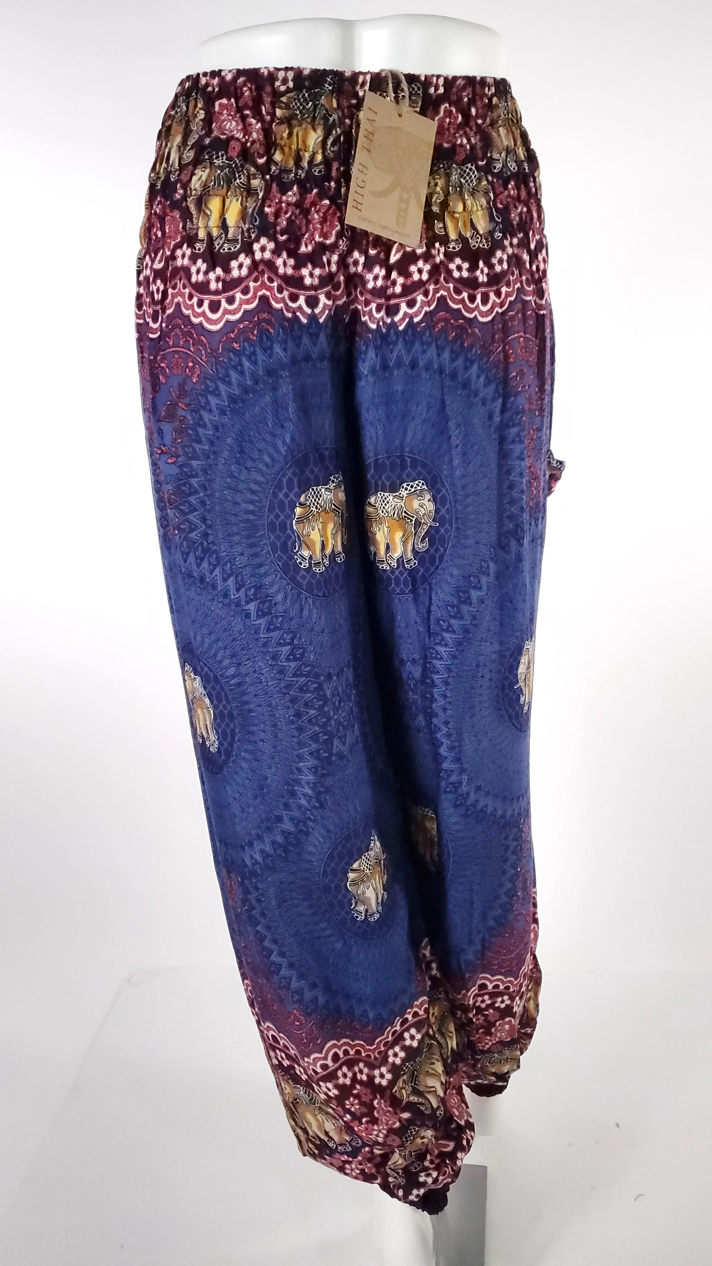 Elephant Design Straight Leg Harem Pants in Blue