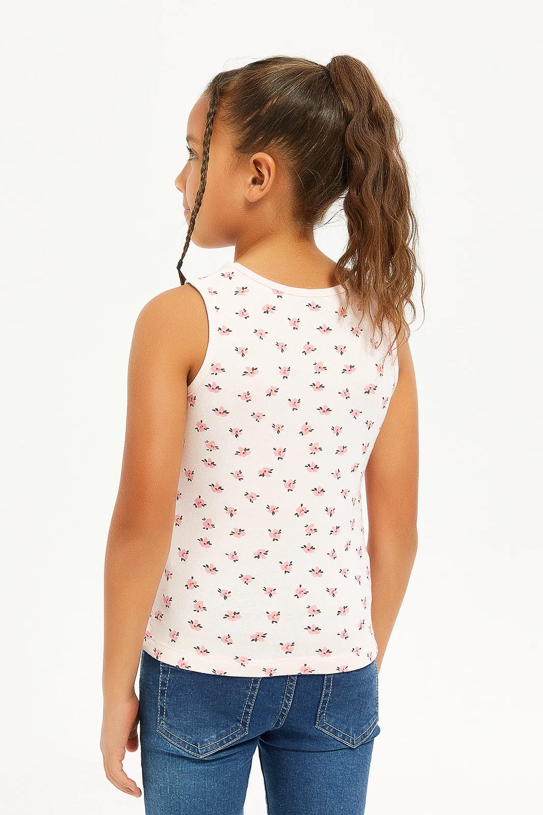 Girls Pink And White Sleeveless Vest Set (Pack of 2)