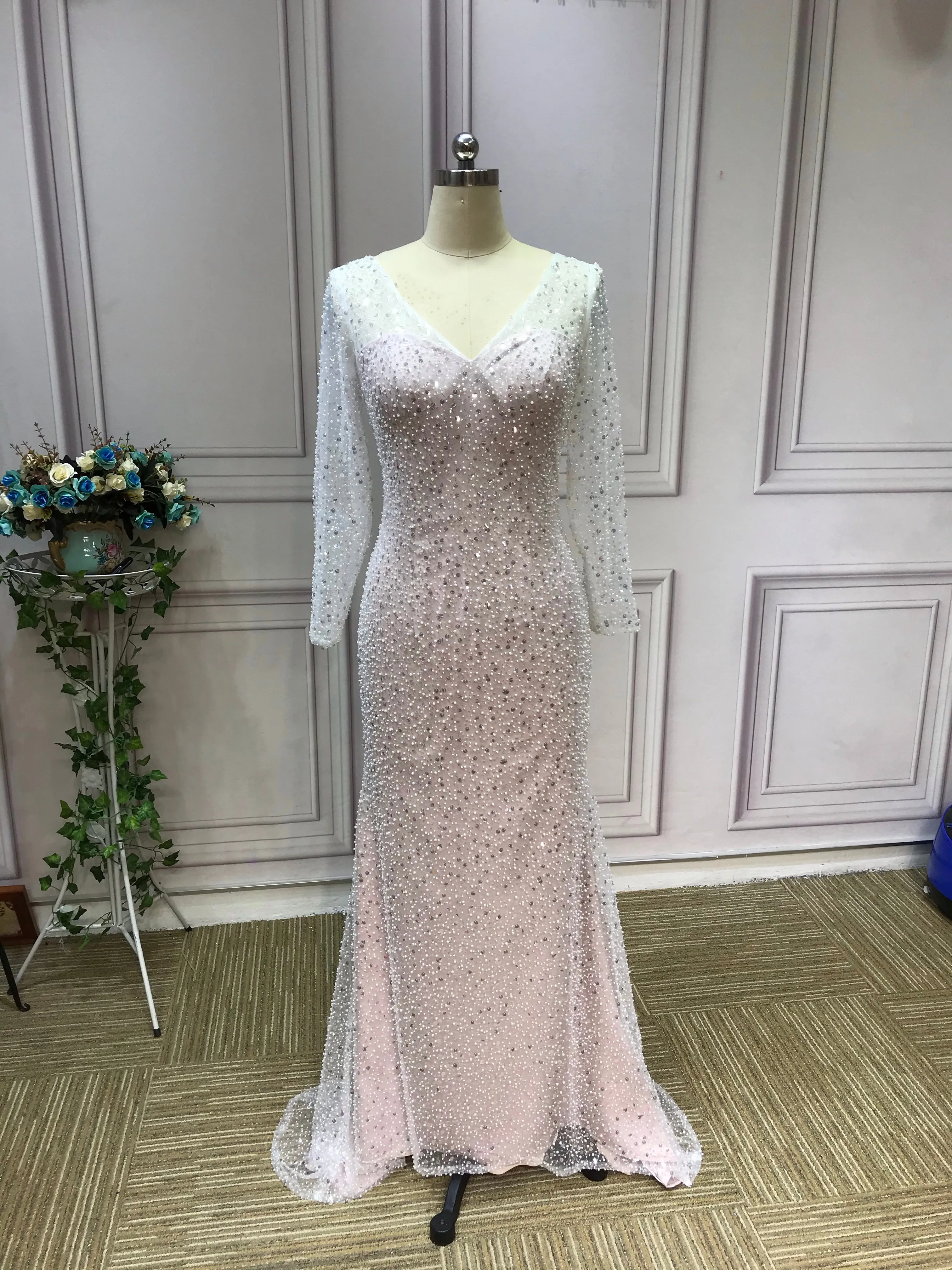 Gorgeous long sleeves heavy beaded sequins pearls dusty pink mermaid wedding dress 2021#112206