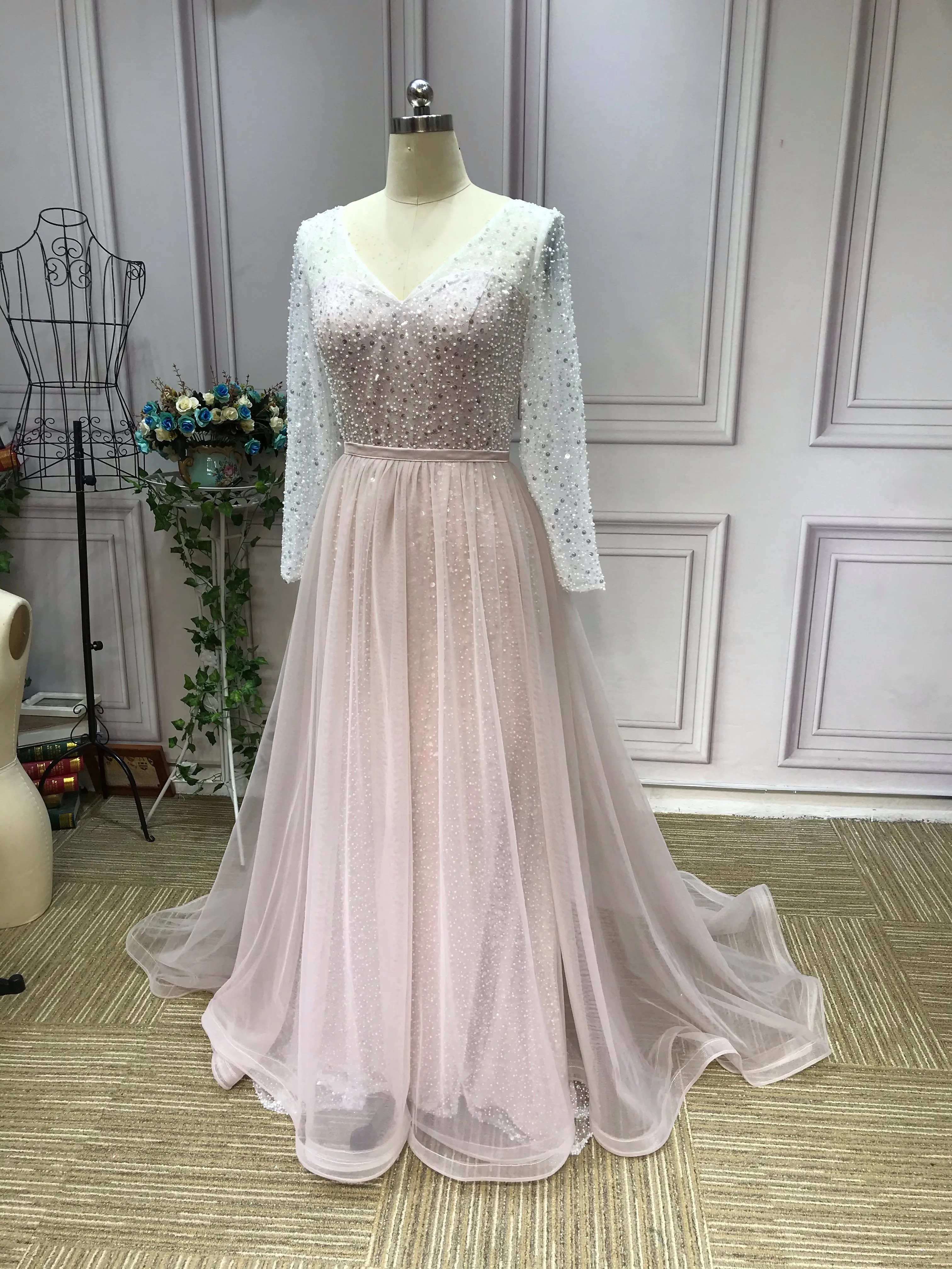 Gorgeous long sleeves heavy beaded sequins pearls dusty pink mermaid wedding dress 2021#112206