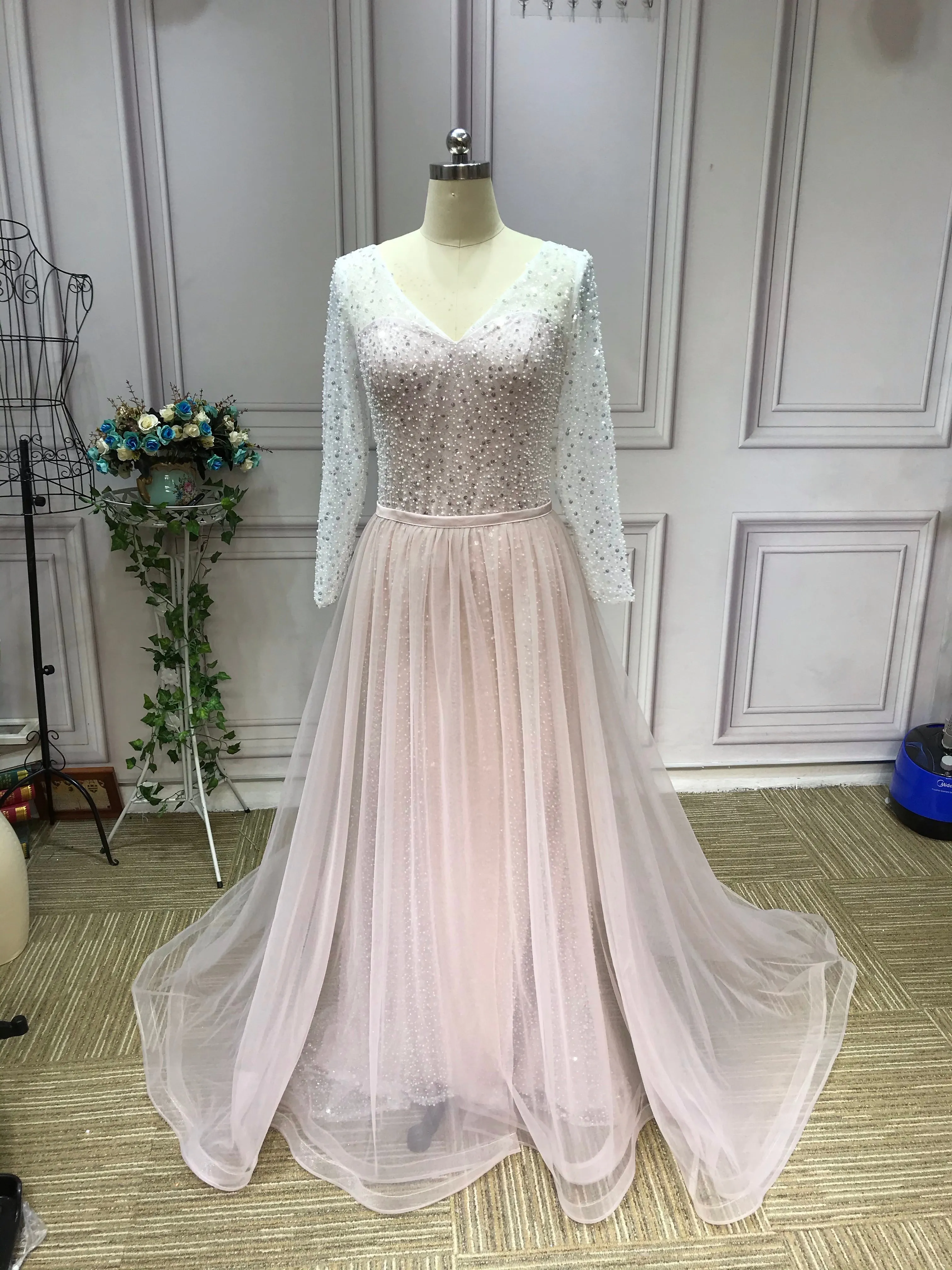 Gorgeous long sleeves heavy beaded sequins pearls dusty pink mermaid wedding dress 2021#112206