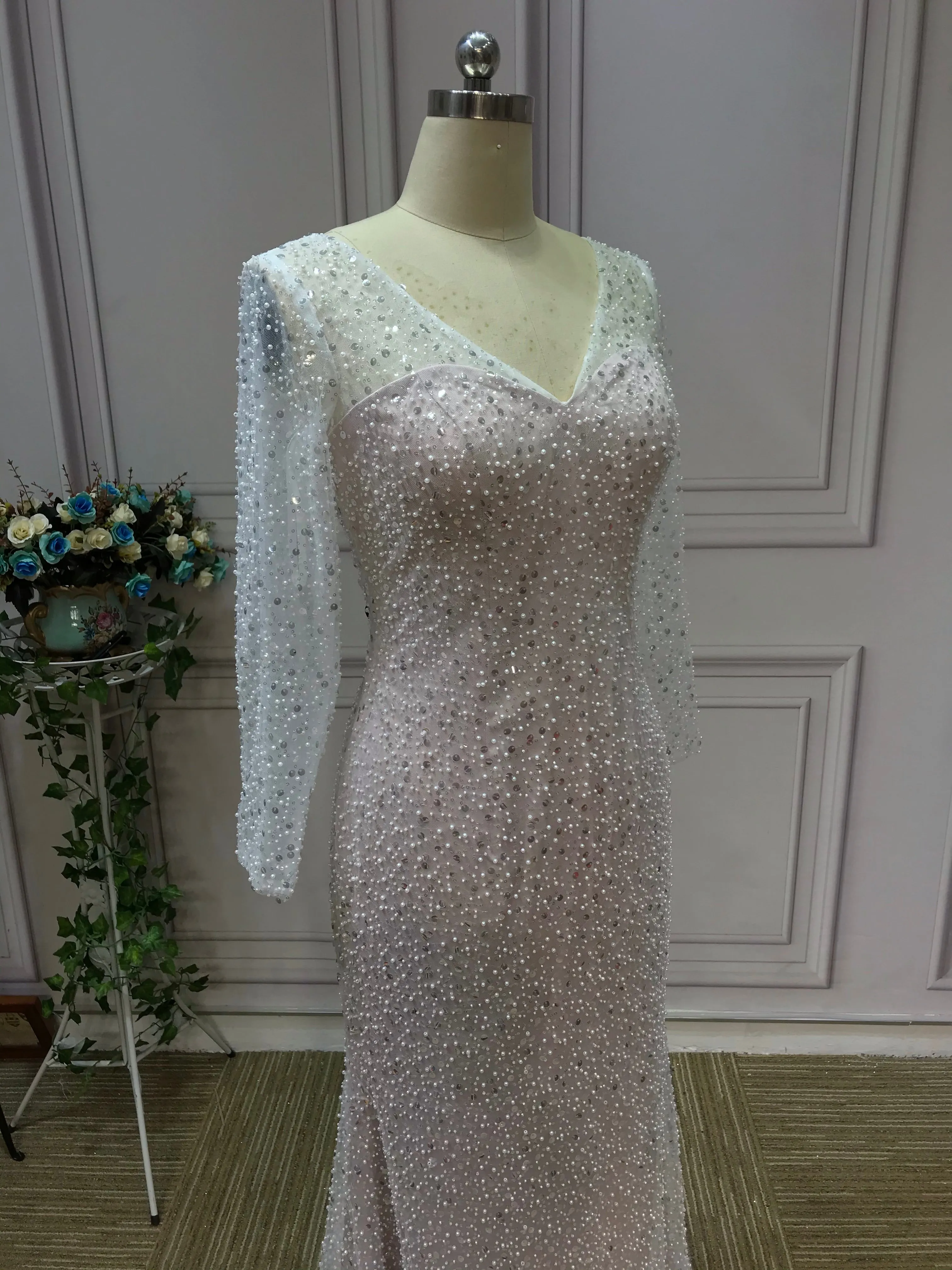 Gorgeous long sleeves heavy beaded sequins pearls dusty pink mermaid wedding dress 2021#112206