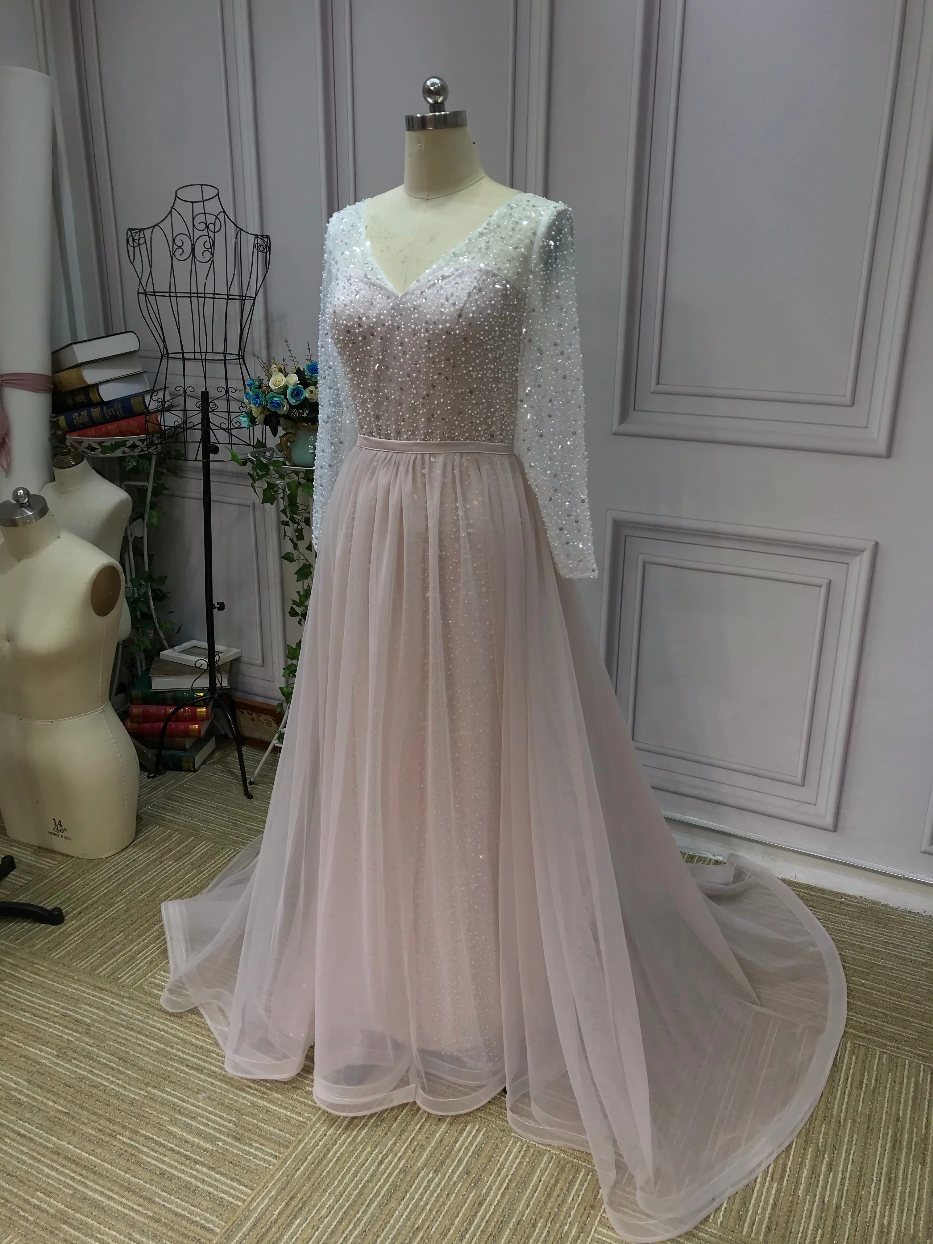 Gorgeous long sleeves heavy beaded sequins pearls dusty pink mermaid wedding dress 2021#112206