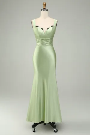 Green Mermaid V Neck Satin Maxi Dress