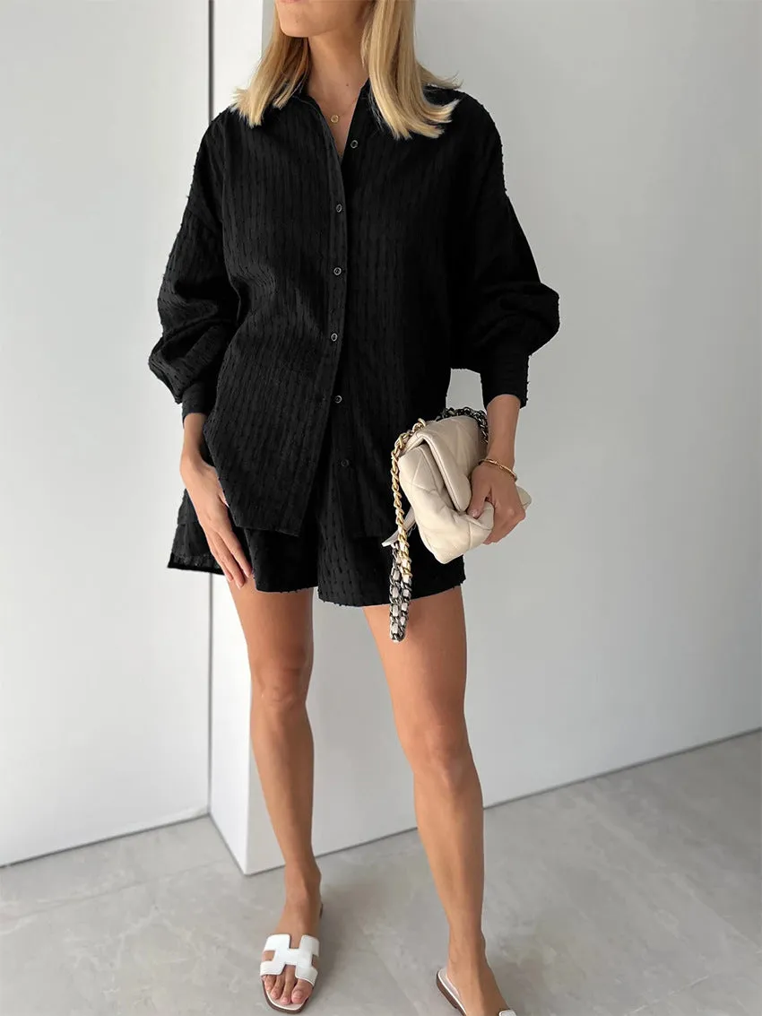 Jacquard Bubble Sleeves Shirt & Shorts Suits