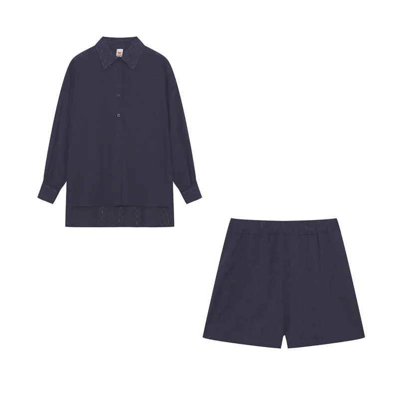 Jacquard Bubble Sleeves Shirt & Shorts Suits