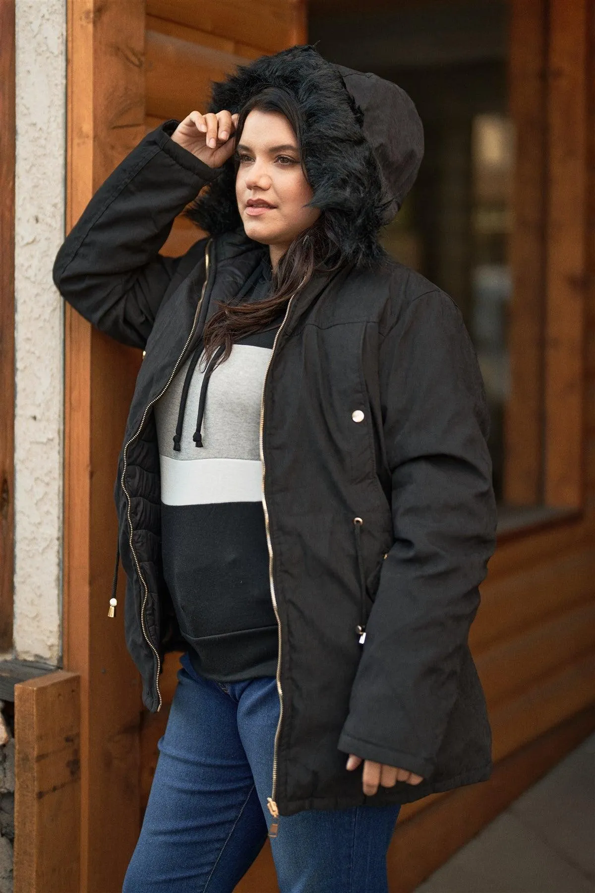 Junior Plus Size Reversible Black Dyed Vegan Fur Double-Sided Cotton Twill Parka & Puffer Jacket