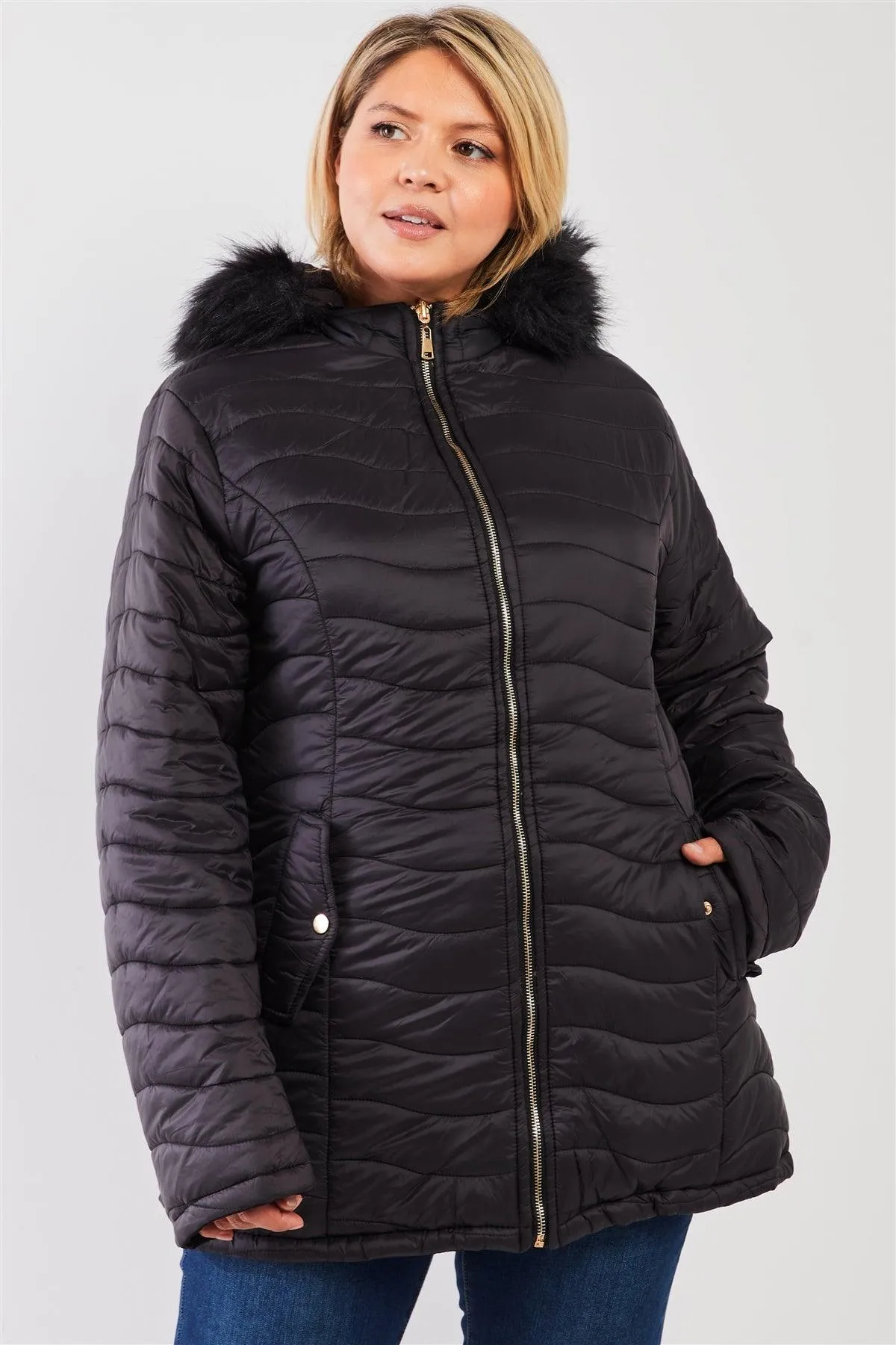 Junior Plus Size Reversible Black Dyed Vegan Fur Double-Sided Cotton Twill Parka & Puffer Jacket