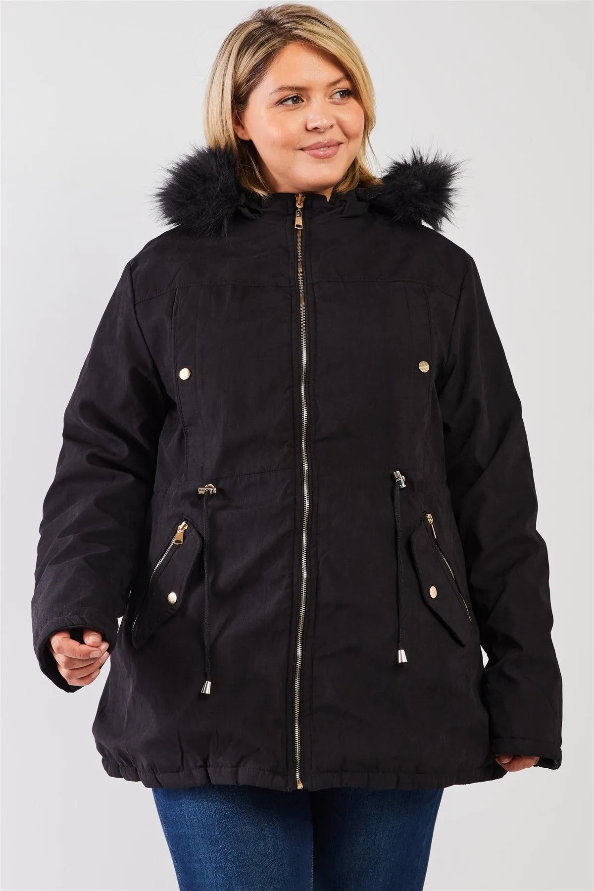 Junior Plus Size Reversible Black Dyed Vegan Fur Double-Sided Cotton Twill Parka & Puffer Jacket