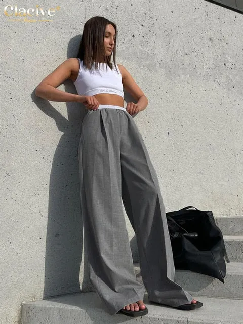 Loose Gray Pants For Women 2022 Casual Elastic Waist Wide Leg Trousers