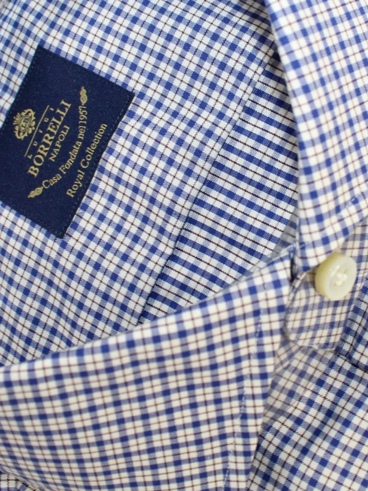 Luigi Borrelli Dress Shirt ROYAL COLLECTION White Brown Royal Blue Tattersall Check 38 - 15 REDUCED SALE