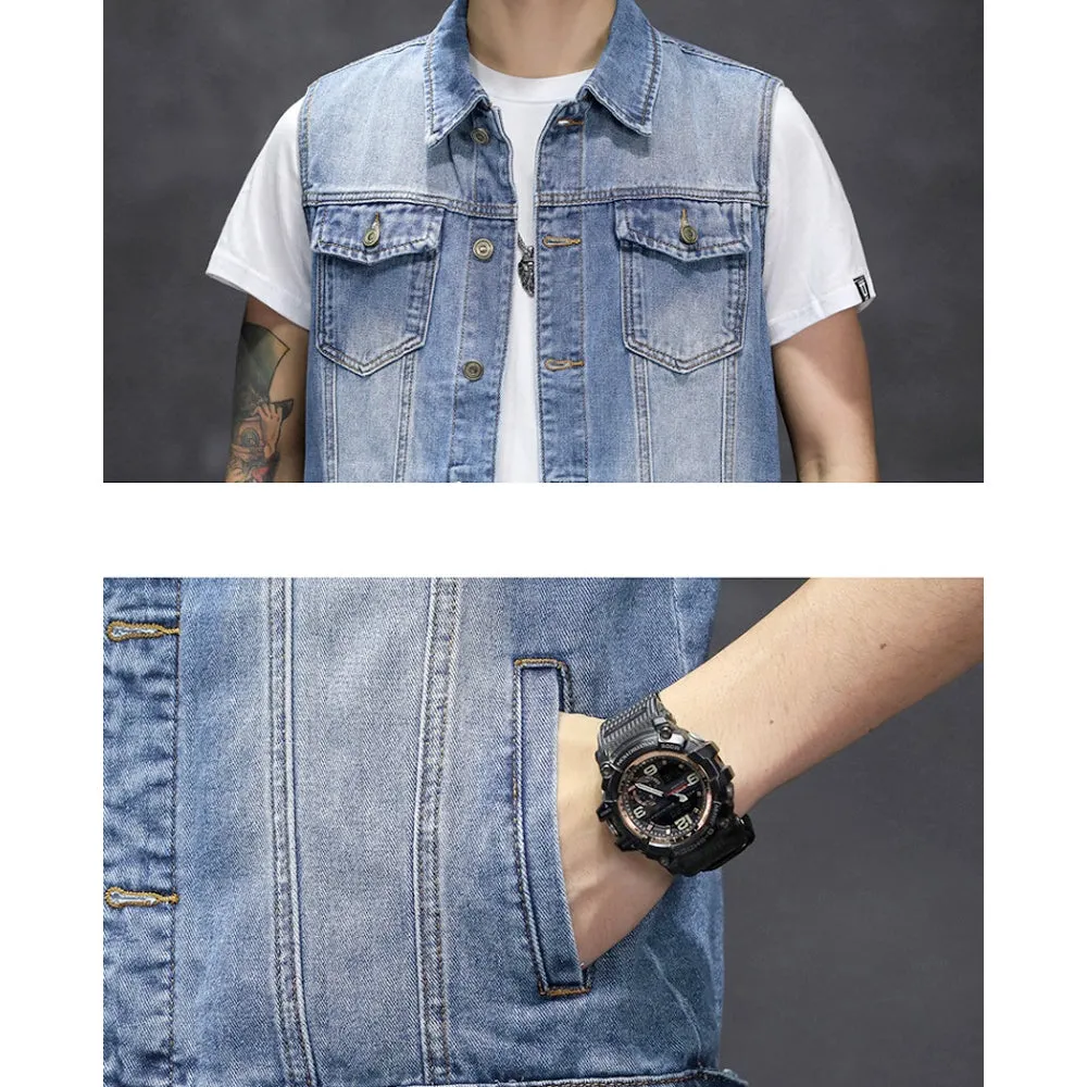 Mens Faded Button Up Denim Vest