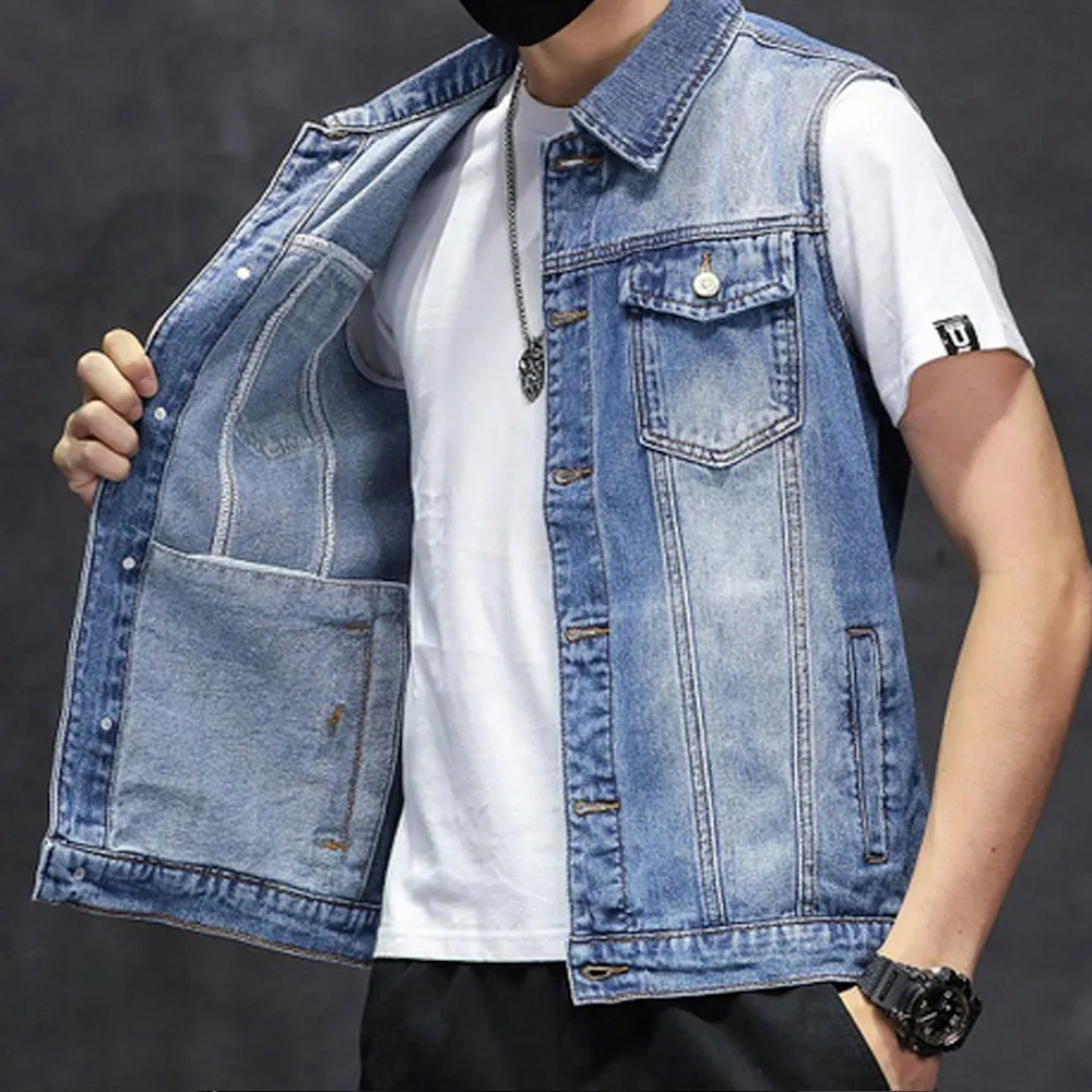 Mens Faded Button Up Denim Vest