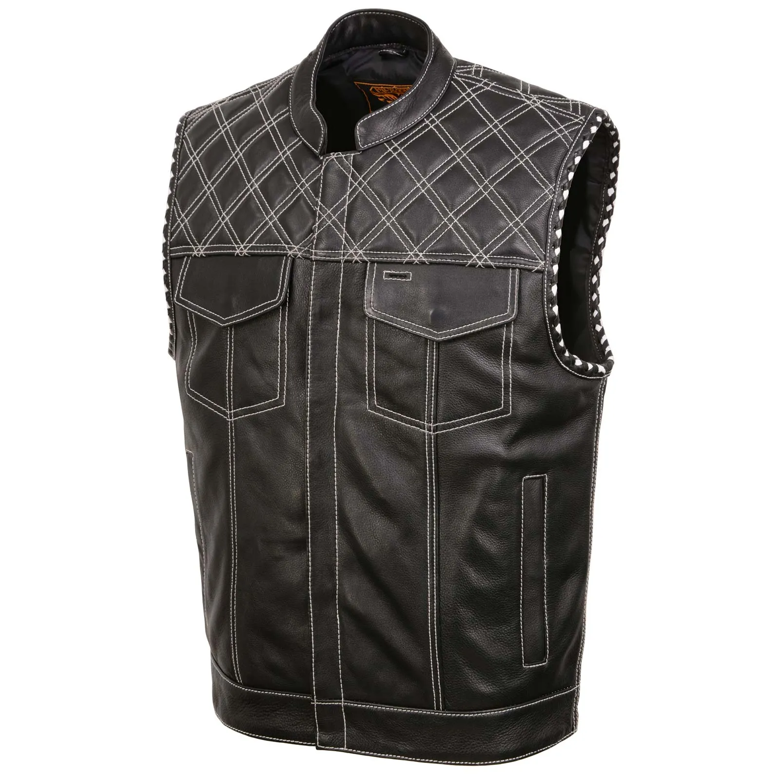 Milwaukee Leather MLM3525 Men's Black 'Paisley' Accented White Stitching Leather Vest – w/Armhole Trim Open Collar Design