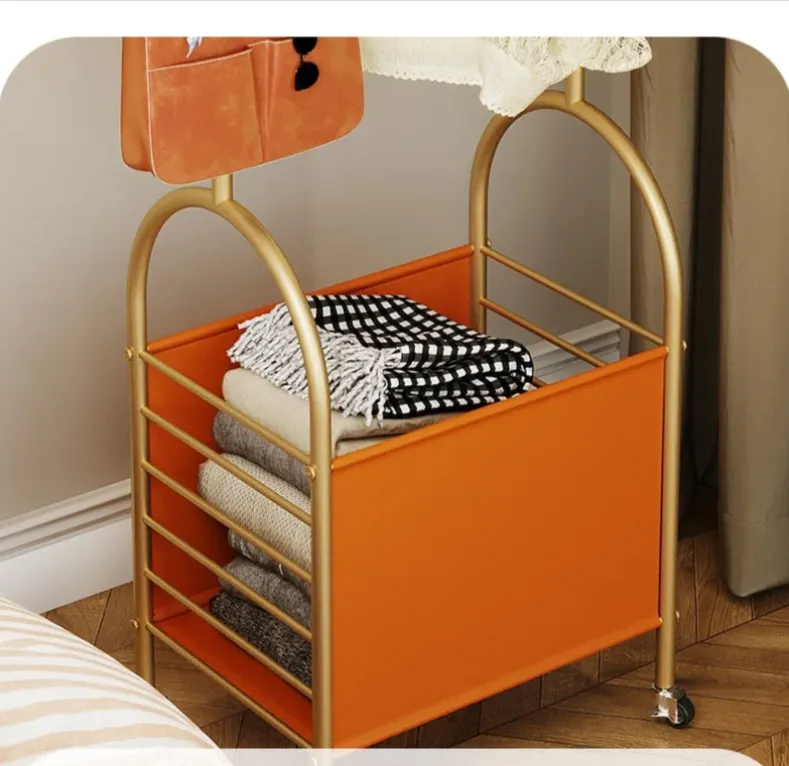 Multi-Purpose Rolling Metal Coat And Hat Rack With Basket Storage Orange