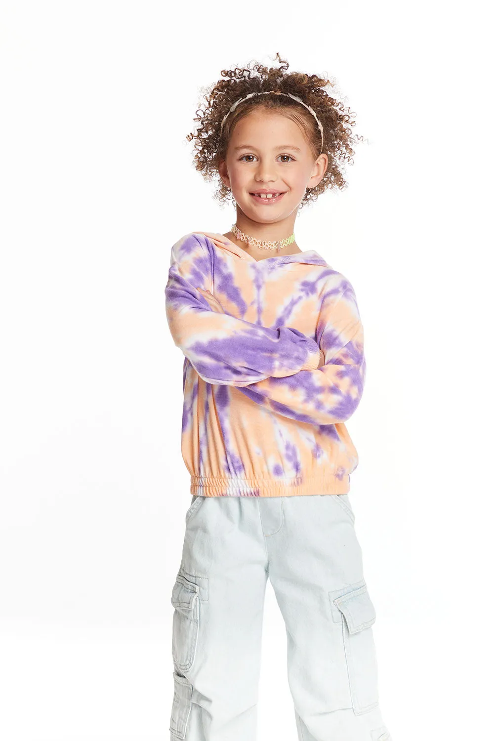 Semi Cropped Peach Lavender Girls Shirred Hoodie Pullover