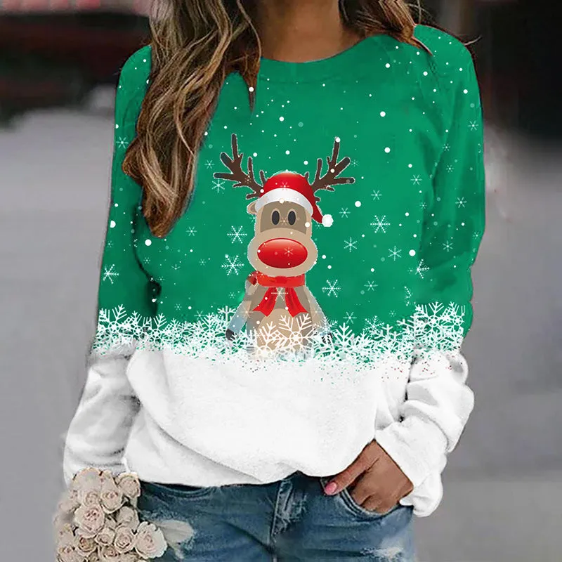 Snowflake Christmas Deer Print Crewneck Sweater