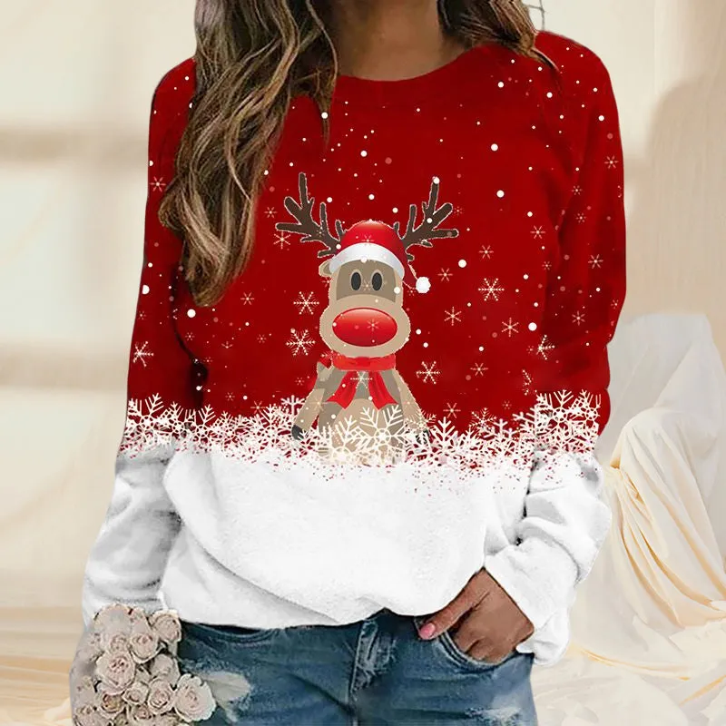 Snowflake Christmas Deer Print Crewneck Sweater