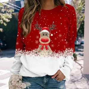 Snowflake Christmas Deer Print Crewneck Sweater