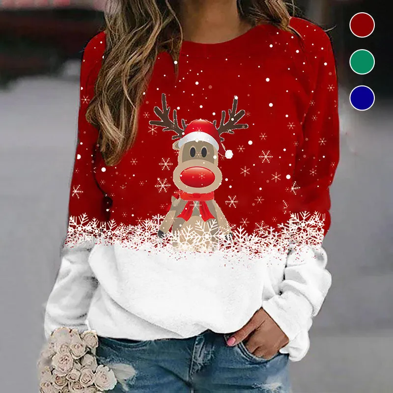 Snowflake Christmas Deer Print Crewneck Sweater