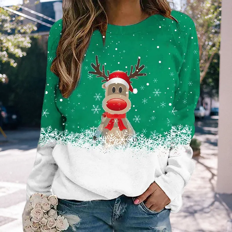 Snowflake Christmas Deer Print Crewneck Sweater