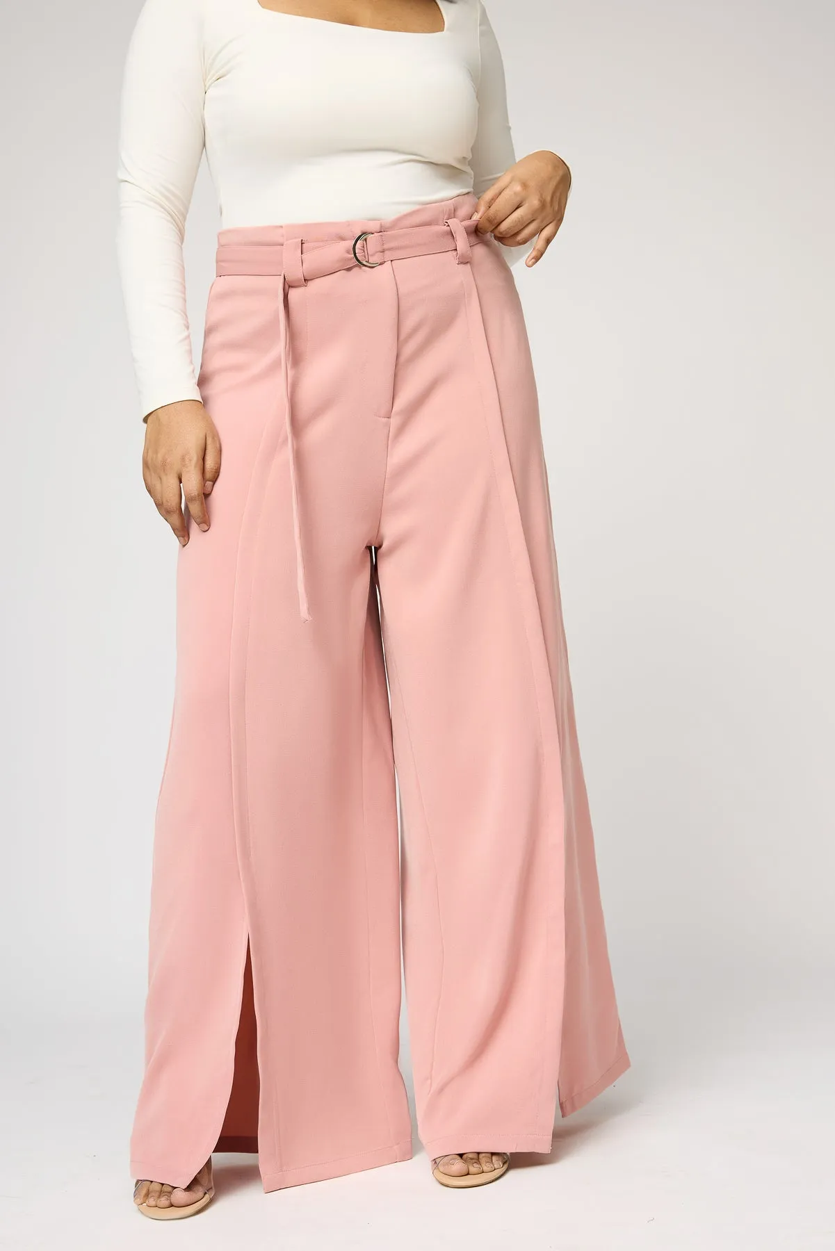 Sweet Peony Curve Belted Flared Korean Pants