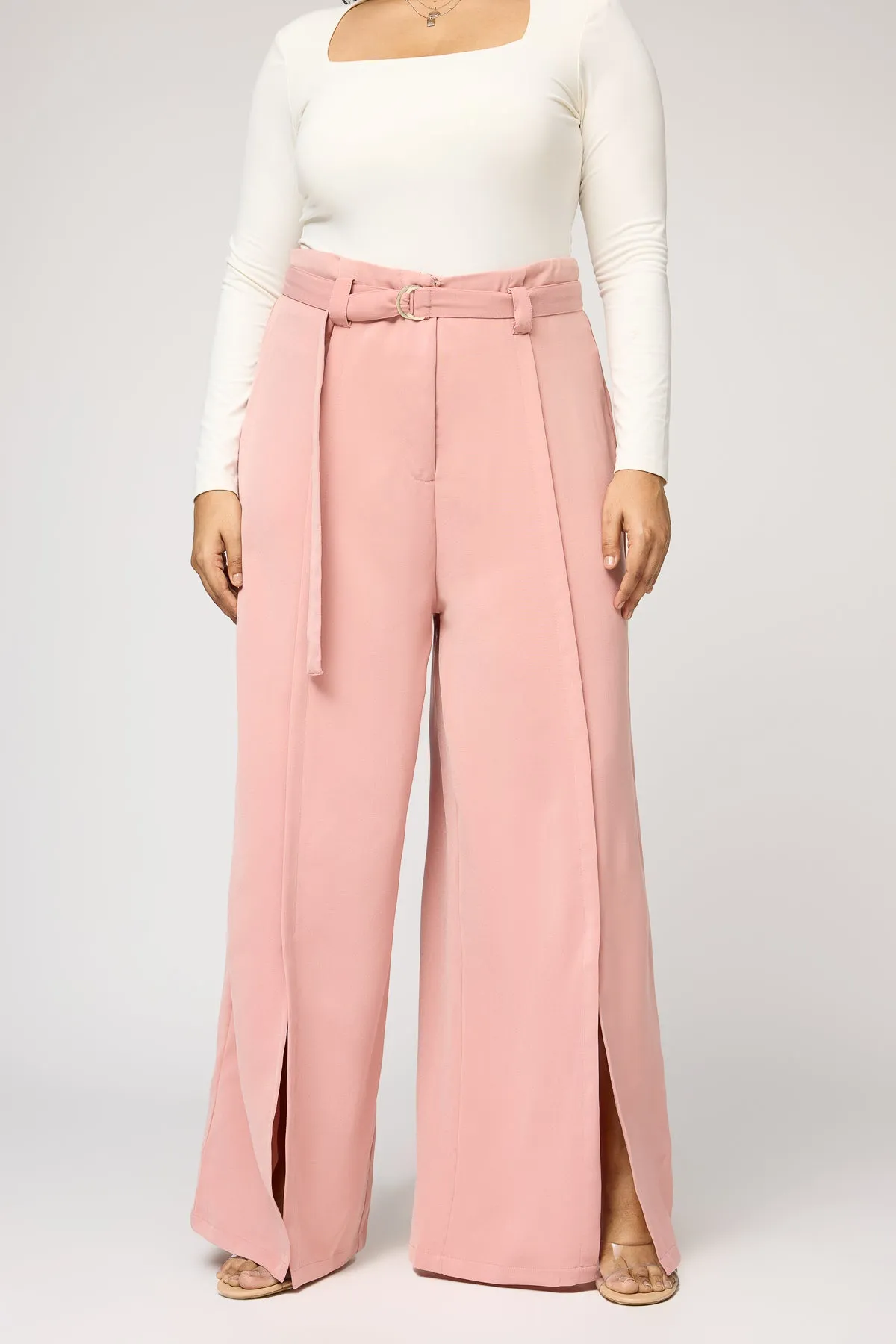 Sweet Peony Curve Belted Flared Korean Pants