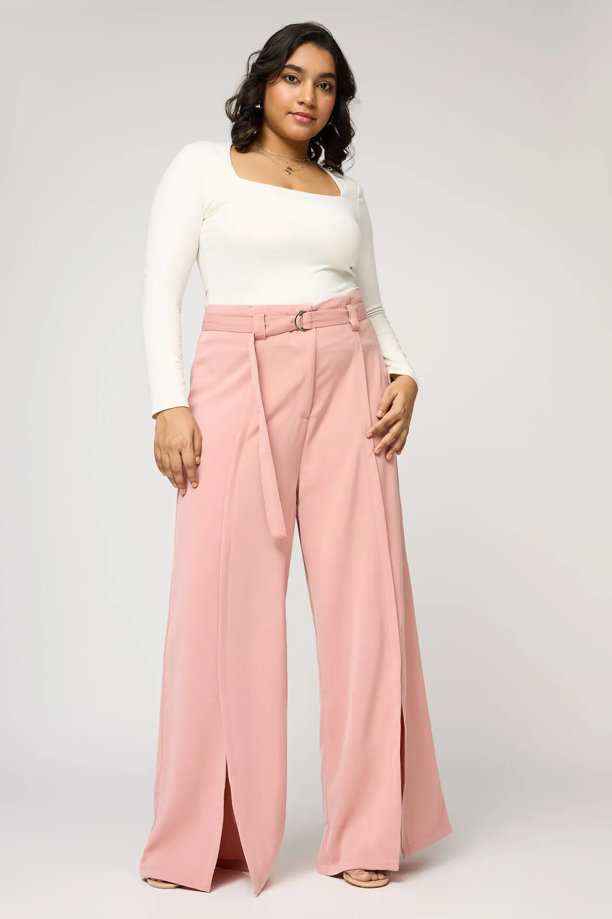 Sweet Peony Curve Belted Flared Korean Pants