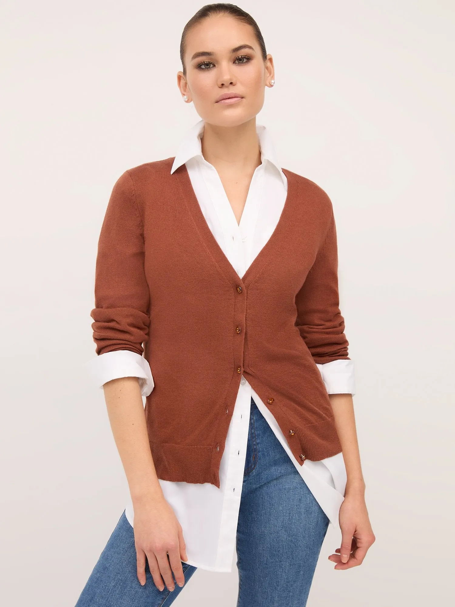 Tall Jeweled-Button Chelsea V-Neck Cardigan