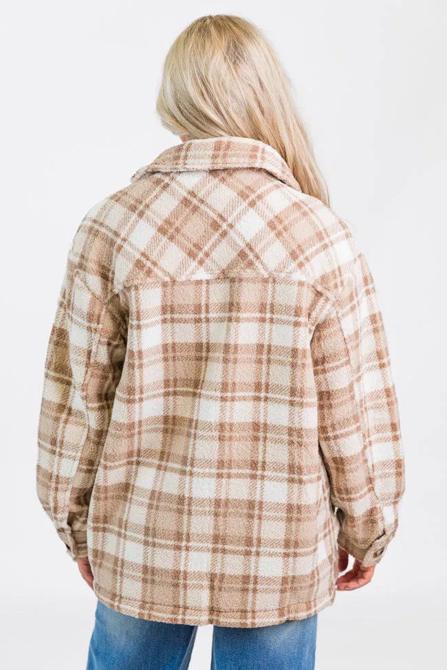 Through The Leaves Khaki Sherpa Plaid Shacket SALE