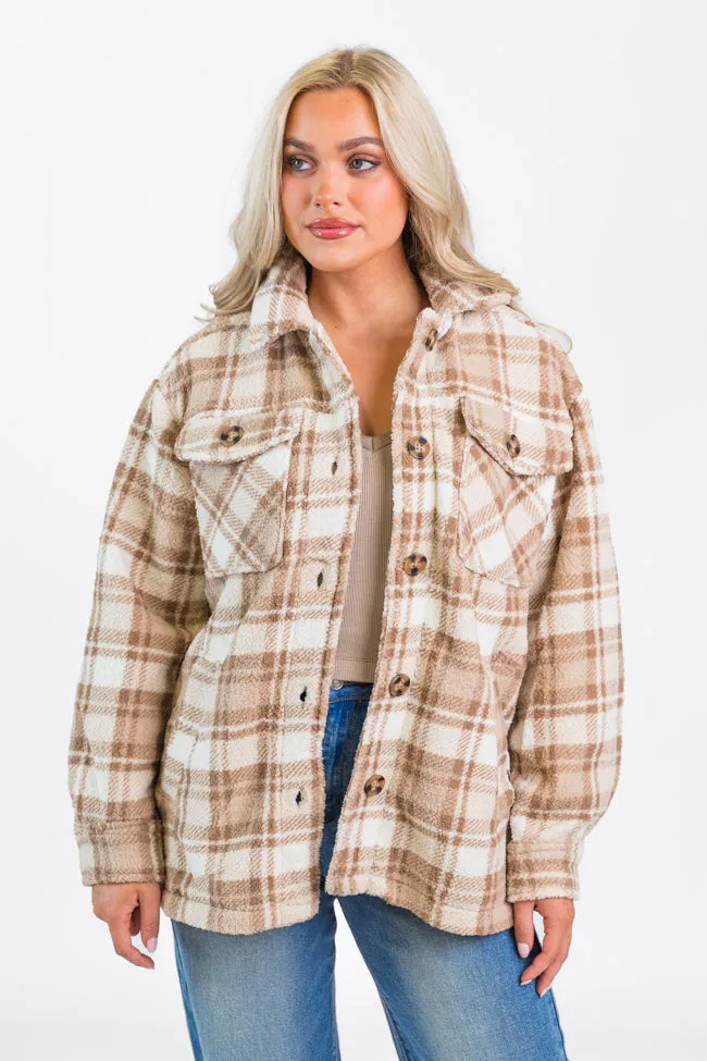 Through The Leaves Khaki Sherpa Plaid Shacket SALE