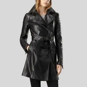 Women Designer Ladies Vintage Outerwear Black Trench Leather Long Coat