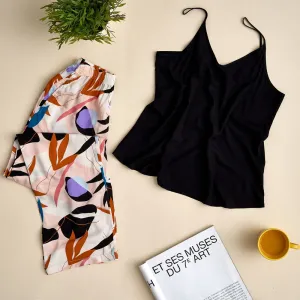 Women summer pajama set  Black Top  Orange leaves pants